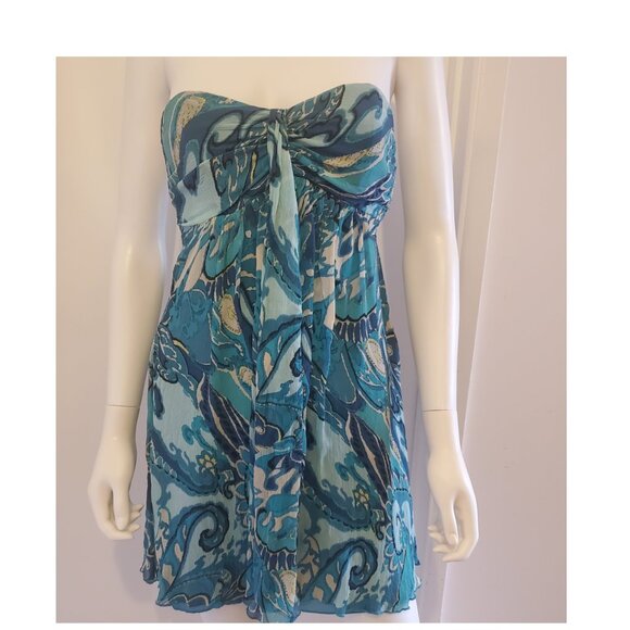 Blue/Green Swirl Pattern Strapless Dress Size 0 - Picture 2 of 3